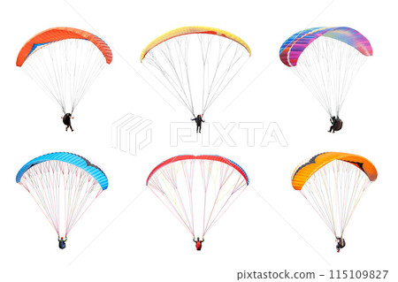 collection Bright colorful parachute on white background, isolated. Concept of extreme sport, taking adventure challenge. 115109827