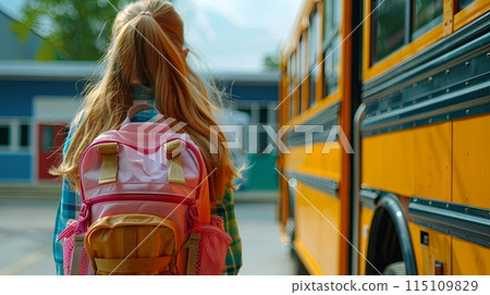 a young girl with long hair and a pink backpack standing near a yellow school bus, ready for school 115109829