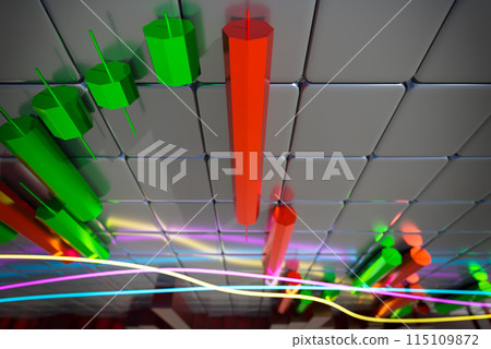 3D chart with a falling trend. Candlestick chart with indicators. Concept of trade, technology, investment and analysis. 3D chart with a falling trend. Candlestick chart with indicators. Concept of trade, technology, investment and analysis. 115109872