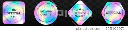 Quality holographic stickers set. Geometric labels for packaging product originality stamps with iridescent vector gradient Quality holographic stickers set. Geometric labels for packaging product originality stamps with iridescent vector gradient 115109971