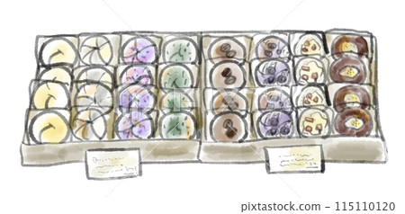 展示許多百吉餅的手繪彩色插圖 展示許多百吉餅的手繪彩色插圖 115110120