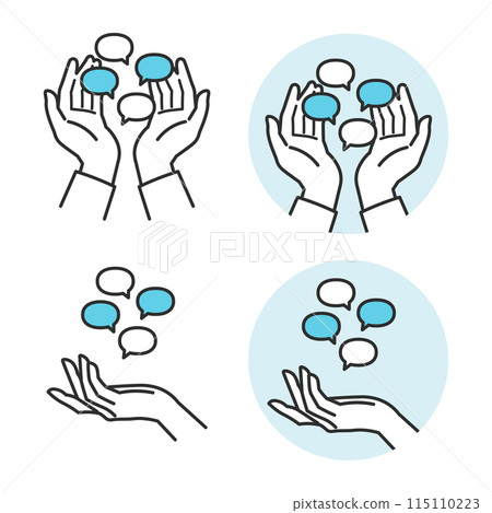 放置在手掌上以表達溝通的語音氣泡圖示的簡單插圖。 115110223