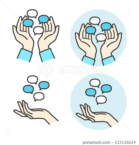 A simple illustration of a speech bubble icon on the palm of a hand expressing communication 115110224
