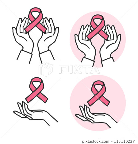 A simple illustration of a woman holding a pink ribbon in her palm to raise awareness about breast cancer A simple illustration of a woman holding a pink ribbon in her palm to raise awareness about breast cancer 115110227