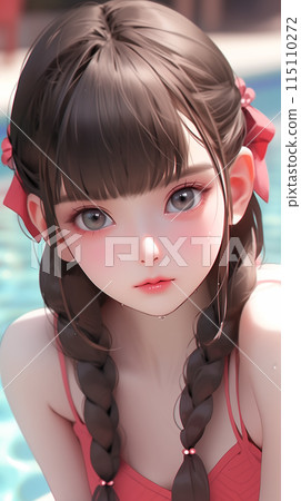 Hand drawn anime illustration of beautiful girl by the pool in summer Hand drawn anime illustration of beautiful girl by the pool in summer 115110272