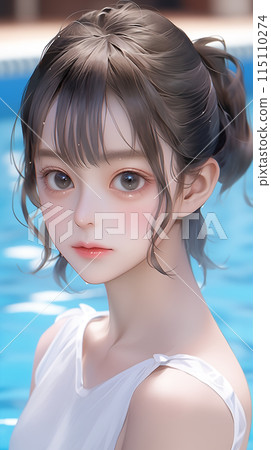 Hand drawn anime illustration of beautiful girl by the pool in summer 115110274