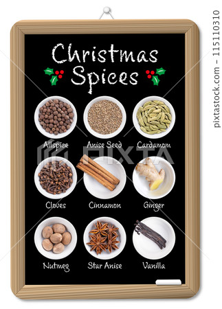 Blackboard with Christmas spices and scents of winter holidays in white bowls, with English labeling. Allspice, anise seed, cardamom, cloves, cinnamon, fresh ginger, nutmeg, star anise and vanilla. 115110310