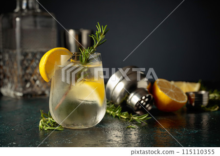 Cocktail gin tonic with natural ice, lemon, and rosemary. Cocktail gin tonic with natural ice, lemon, and rosemary. 115110355