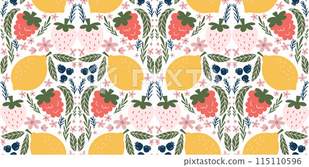 Playful seamless pattern with white strawberries, raspberries, lemons, blueberries, pink flowers, and green leaves in an organic vector style with flat colors. Diamond-shaped arrangement, perfect for 115110596