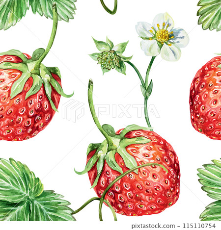 Strawberry seamless pattern, watercolor. Flowers, green leaves, red berries. Vector illustration. Packaging paper, wallpaper, textiles, covers, labels Strawberry seamless pattern, watercolor. Flowers, green leaves, red berries. Vector illustration. Packaging paper, wallpaper, textiles, covers, labels 115110754