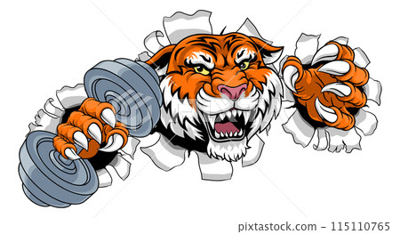 Tiger Weight Lifting Dumbbell Gym Animal Mascot Tiger Weight Lifting Dumbbell Gym Animal Mascot 115110765