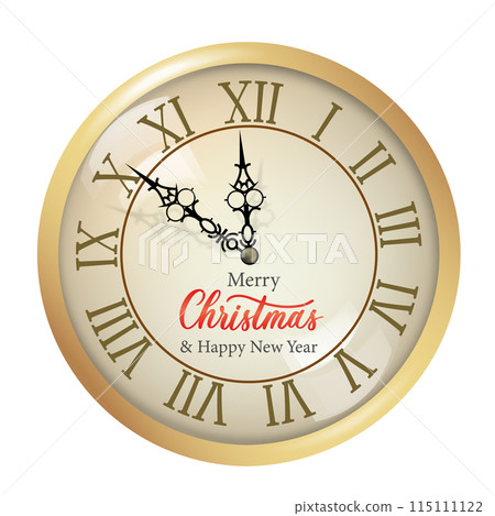 The watch is gold with Roman numerals. New Year and Christmas design. 115111122