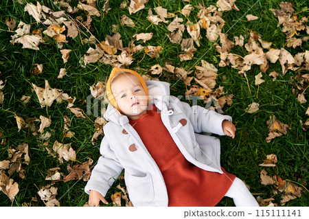 Little girl lies on the green grass among dry autumn leaves. Top view 115111141