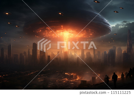 an alien invasion with massive extraterrestrial spacecraft hovering over a city skyline by Generative AI 115111225