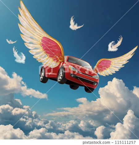 紅色汽車長著翅膀在天空飛翔 115111257