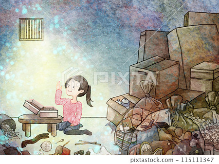 一個女人在垃圾屋裡逃避現實的插圖 115111347