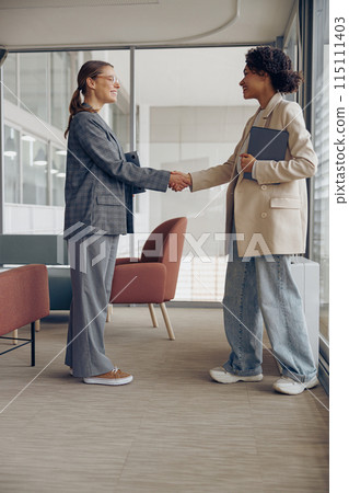 Smiling female executive manager is making successful deal with partner shaking hand at work Smiling female executive manager is making successful deal with partner shaking hand at work 115111403