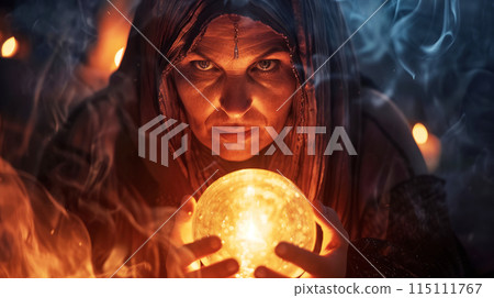Intense Gaze of a Mystical Fortune Teller Holding a Glowing Crystal Ball. Enigmatic and Mysterious Scene. 115111767