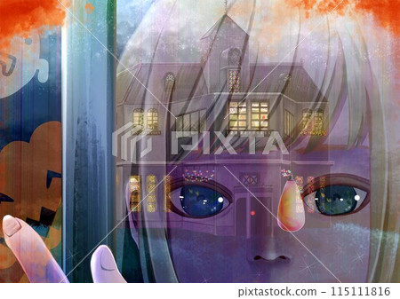Illustration of a girl gazing out a window on Halloween night 115111816