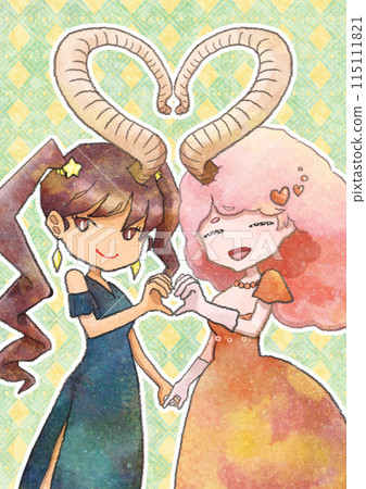 Illustration of Twin Girls Making a Heart with Horns Illustration of Twin Girls Making a Heart with Horns 115111821