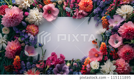 White card amidst colorful flowers in creative flower arrangement 115111895