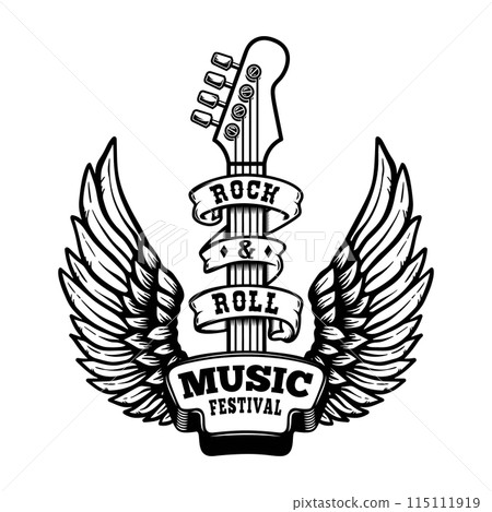 Rock music festival. Illustration of winged rock guitar. Design element for logo, label, sign. Vector illustration. Rock music festival. Illustration of winged rock guitar. Design element for logo, la 115111919