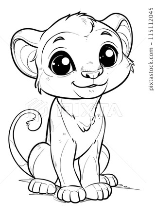 A cartoon drawing of a lion cub sitting with a smile 115112045