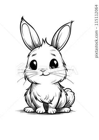 Cartoon rabbit with big eyes and long ears sitting in a cute gesture art drawing 115112064