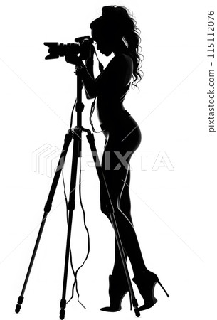 A videographer capturing monochrome art with a camera on a tripod 115112076