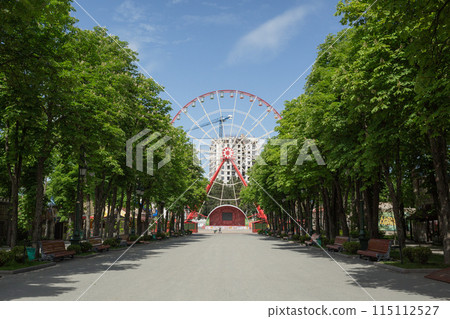 [Ukraine] A Ferris wheel seen at the end of a tree-lined amusement park in Kharkiv 115112527