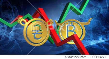 bullish btc to bearish uah currency. foreign exchange market 3d illustration of bitcoin to ukrainian hryvnia. money represented as golden coins bullish btc to bearish uah currency. foreign exchange market 3d illustration of bitcoin to ukrainian hryvnia. money represented as golden coins 115113275