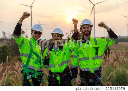 Successful teamwork engineer wind turbine worker safety uniform survey operational planning windmill Successful teamwork engineer wind turbine worker safety uniform survey operational planning windmill 115113959