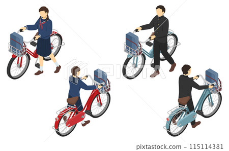 Isometric illustration: Male and female junior high school students pushing bicycles 115114381