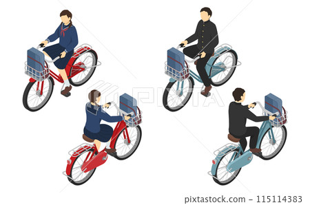 Isometric illustration: Male and female junior high school students riding bicycles 115114383