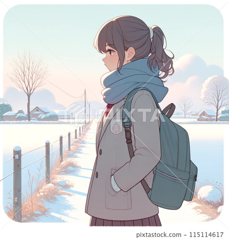 一個憂鬱的女高中生走過冬季小鎮的插圖 一個憂鬱的女高中生走過冬季小鎮的插圖 115114617