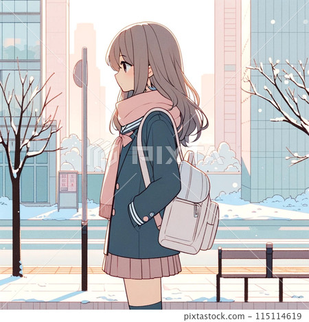 一個憂鬱的女高中生走過冬季小鎮的插圖 一個憂鬱的女高中生走過冬季小鎮的插圖 115114619