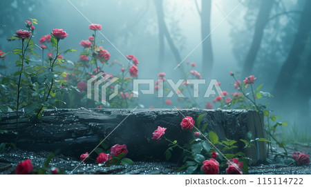 A log with a bunch of red roses on it. The roses are wet and the log is covered in rain A log with a bunch of red roses on it. The roses are wet and the log is covered in rain 115114722