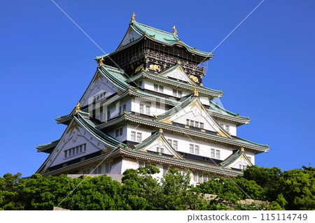 Osaka Castle Park, Osaka Castle with fresh greenery as seen from the lounge of a high-rise apartment building, early summer, summer, spring, Osaka Castle, Osaka sightseeing, Osaka Castle on a clear day 115114749