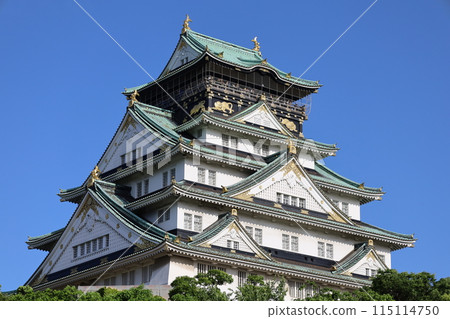 Osaka Castle Park, Osaka Castle with fresh greenery as seen from the lounge of a high-rise apartment building, early summer, summer, spring, Osaka Castle, Osaka sightseeing, Osaka Castle on a clear day 115114750