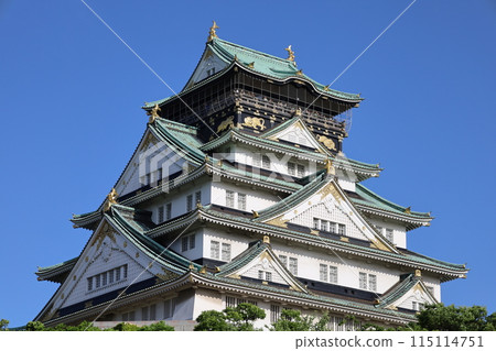 Osaka Castle Park, Osaka Castle with fresh greenery as seen from the lounge of a high-rise apartment building, early summer, summer, spring, Osaka Castle, Osaka sightseeing, Osaka Castle on a clear day 115114751