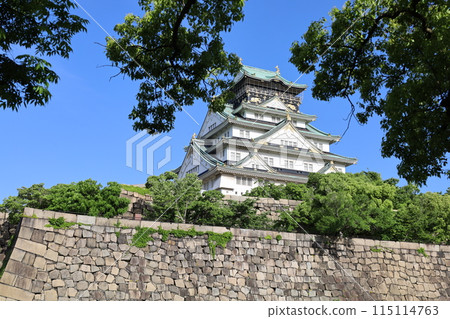 Osaka Castle Park, Osaka Castle with fresh greenery as seen from the lounge of a high-rise apartment building, early summer, summer, spring, Osaka Castle, Osaka sightseeing, Osaka Castle on a clear day 115114763