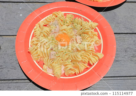 Pasta dishes made outdoors 115114977