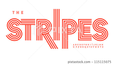 Striped retro alphabet, linear geometric pattern letters design, outline bauhaus font for modern headlines, creative designs, retro posters, branding, and stylish logos. Vector typeset. 115115075