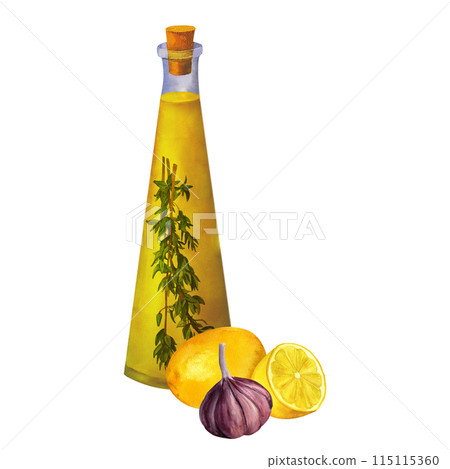 Set of bottles of flavored olive oil with spices, herbs, hot chili pepper, garlic, lemon, thyme and rosemary isolated on white background. 115115360