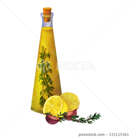 Set of bottles of flavored olive oil with spices, herbs, hot chili pepper, garlic, lemon, thyme and rosemary isolated on white background. 115115361