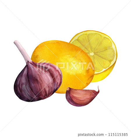 Green and black olives, olive leaves and peppercorns, watercolor hand painted set, isolated on white background 115115385