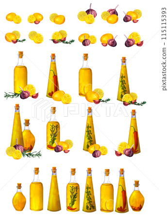 Set of bottles of flavored olive oil with spices, herbs, hot chili pepper, garlic, lemon, thyme and rosemary isolated on white background. 115115393