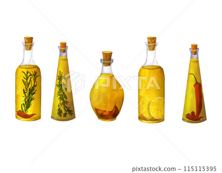 Set of bottles of flavored olive oil with spices, herbs, hot chili pepper, garlic, lemon, thyme and rosemary isolated on white background. 115115395