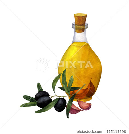 A bottle of fragrant olive oil with garlic and olive branch, isolated on white background, decoration for kitchen, restaurant menus, recipes 115115398