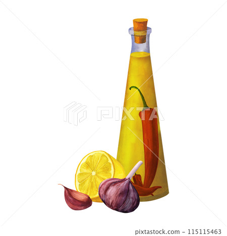 Set of bottles of flavored olive oil with spices, herbs, hot chili pepper, garlic, lemon, thyme and rosemary isolated on white background. 115115463